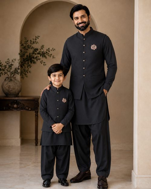 Boys Premium Black Kurta Shalwar with Embroidered Waistcoat