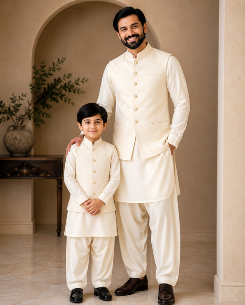 Boys Premium Cream Kurta Shalwar with Textured Waistcoat