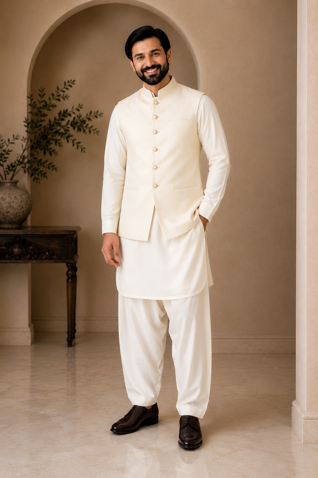 Premium Cream Kurta Shalwar with Textured Waistcoat