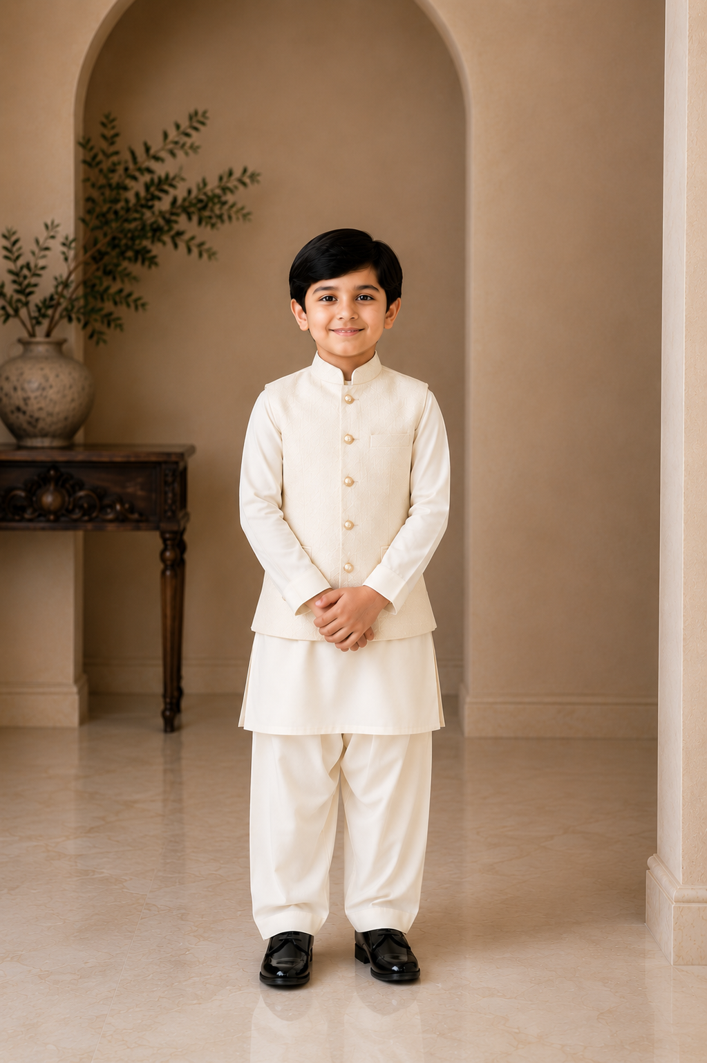 Boys Premium Cream Kurta Shalwar with Textured Waistcoat