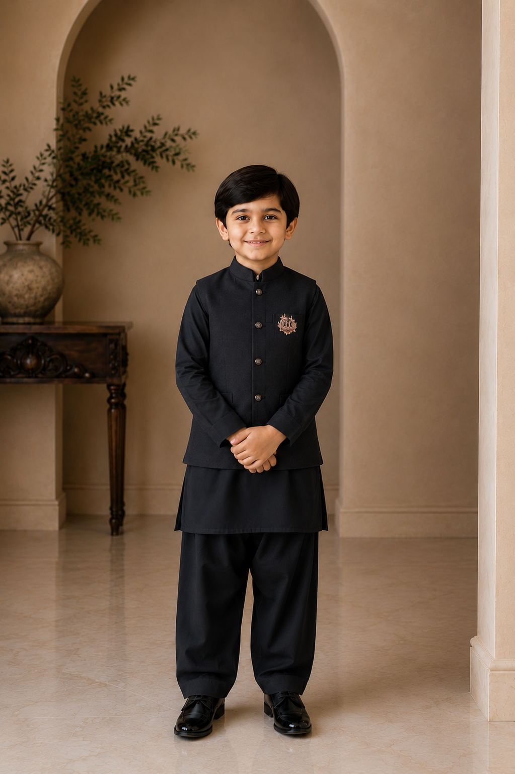 Boys Premium Black Kurta Shalwar with Embroidered Waistcoat