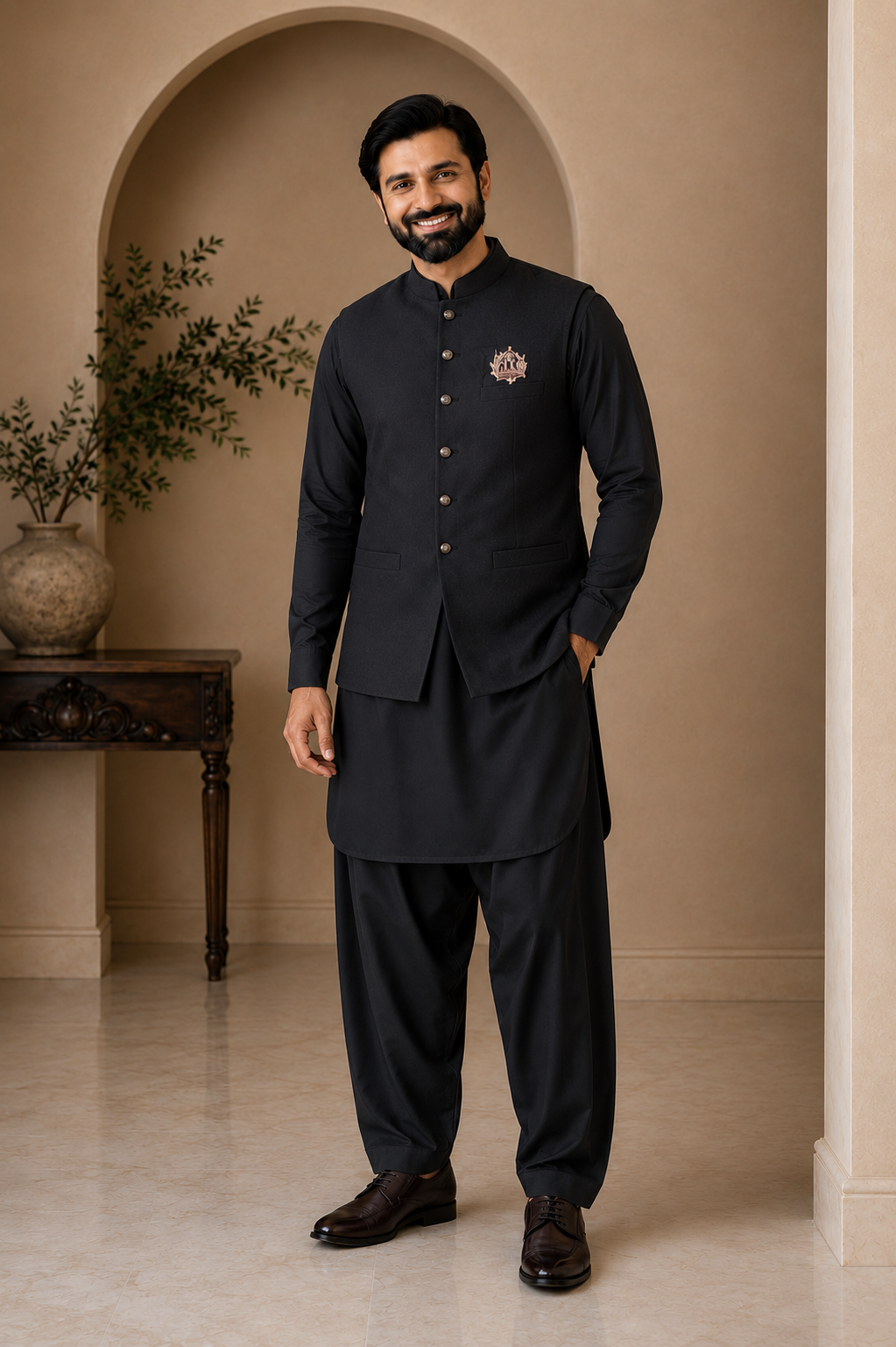 Premium Black Kurta Shalwar with Embroidered Waistcoat